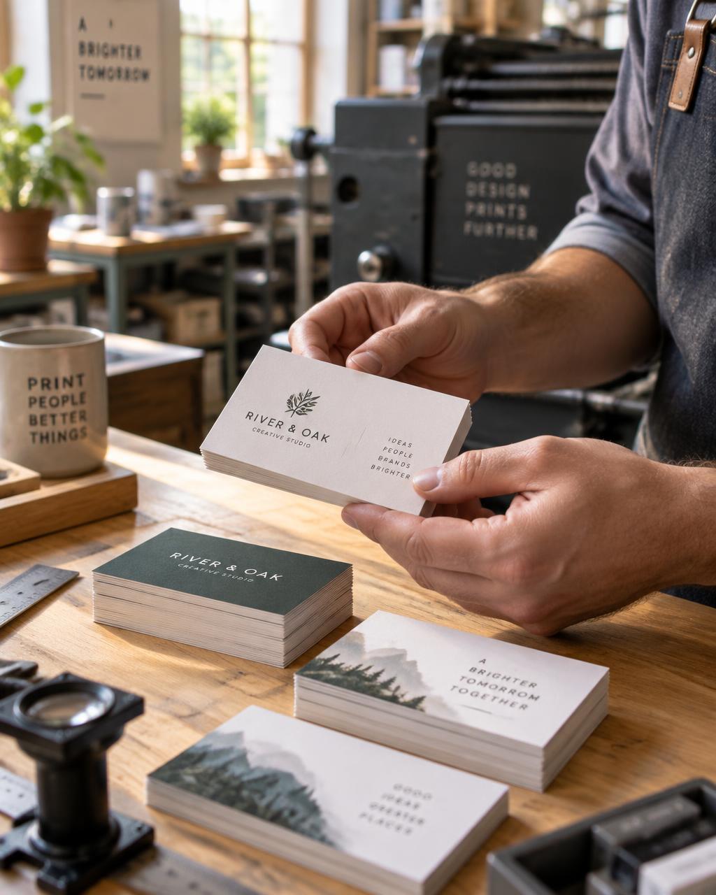 A printer reviewing freshly printed business cards