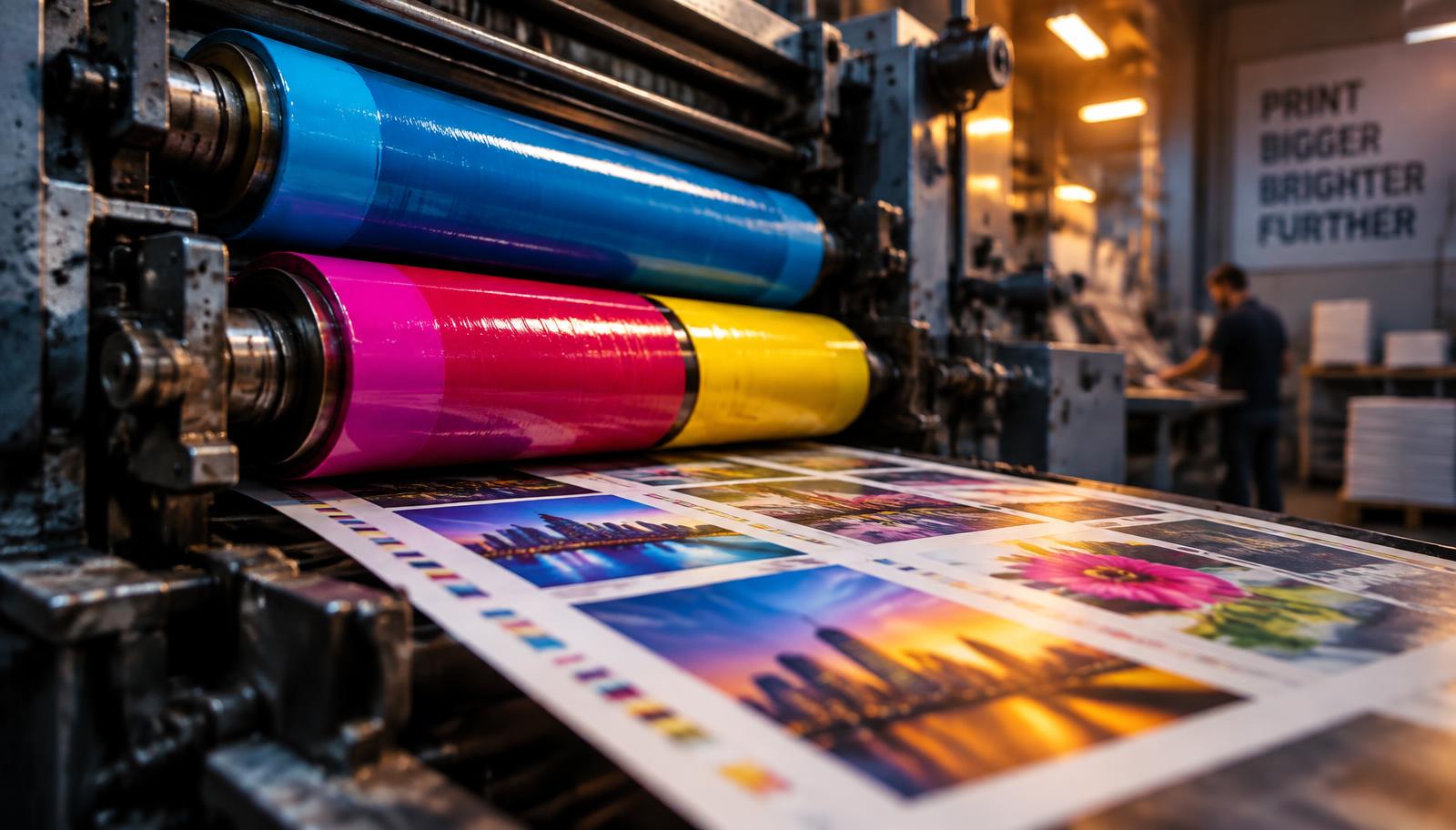 Printing press in action with vibrant CMYK inks